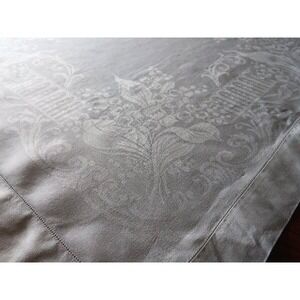 Lg Vintage Irish Linen Damask Tablecloth Lily of Valley Bouquets 99" Hemstitch